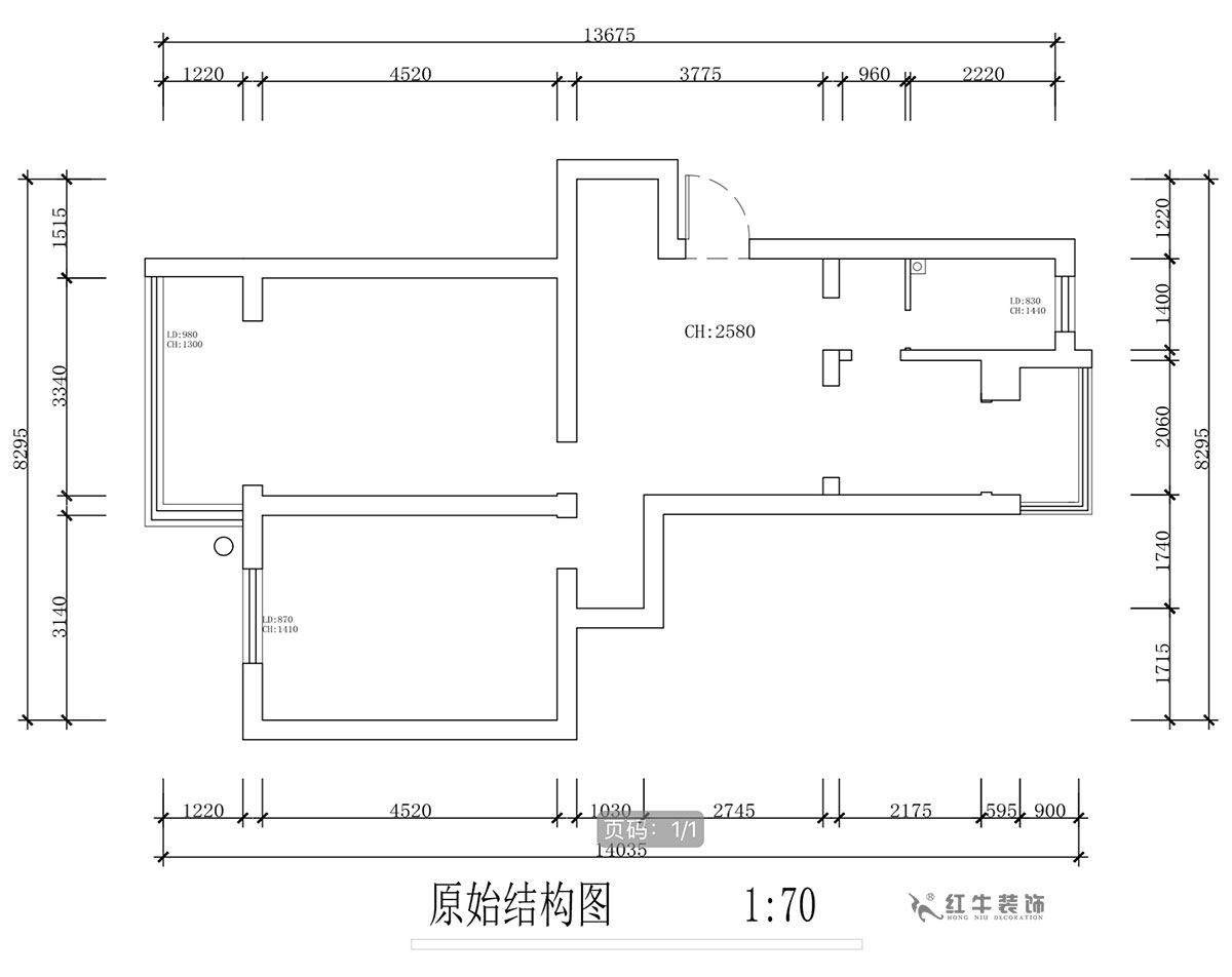 蔣?。蔡┐?1-401-80㎡-現(xiàn)代簡約風(fēng)格｜2室1廳1衛(wèi)｜舊房裝修｜定制家￥126767｜全包12萬｜00_01原始結(jié)構(gòu)圖