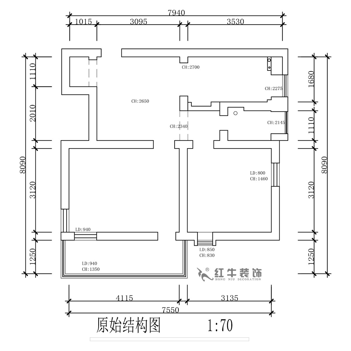 蔣?。珗@路44號(hào)小區(qū)3-204-60㎡-現(xiàn)代簡(jiǎn)約風(fēng)格｜2室1廳1衛(wèi)｜舊房裝修｜定制家｜全包10萬(wàn)｜00_01原始結(jié)構(gòu)圖