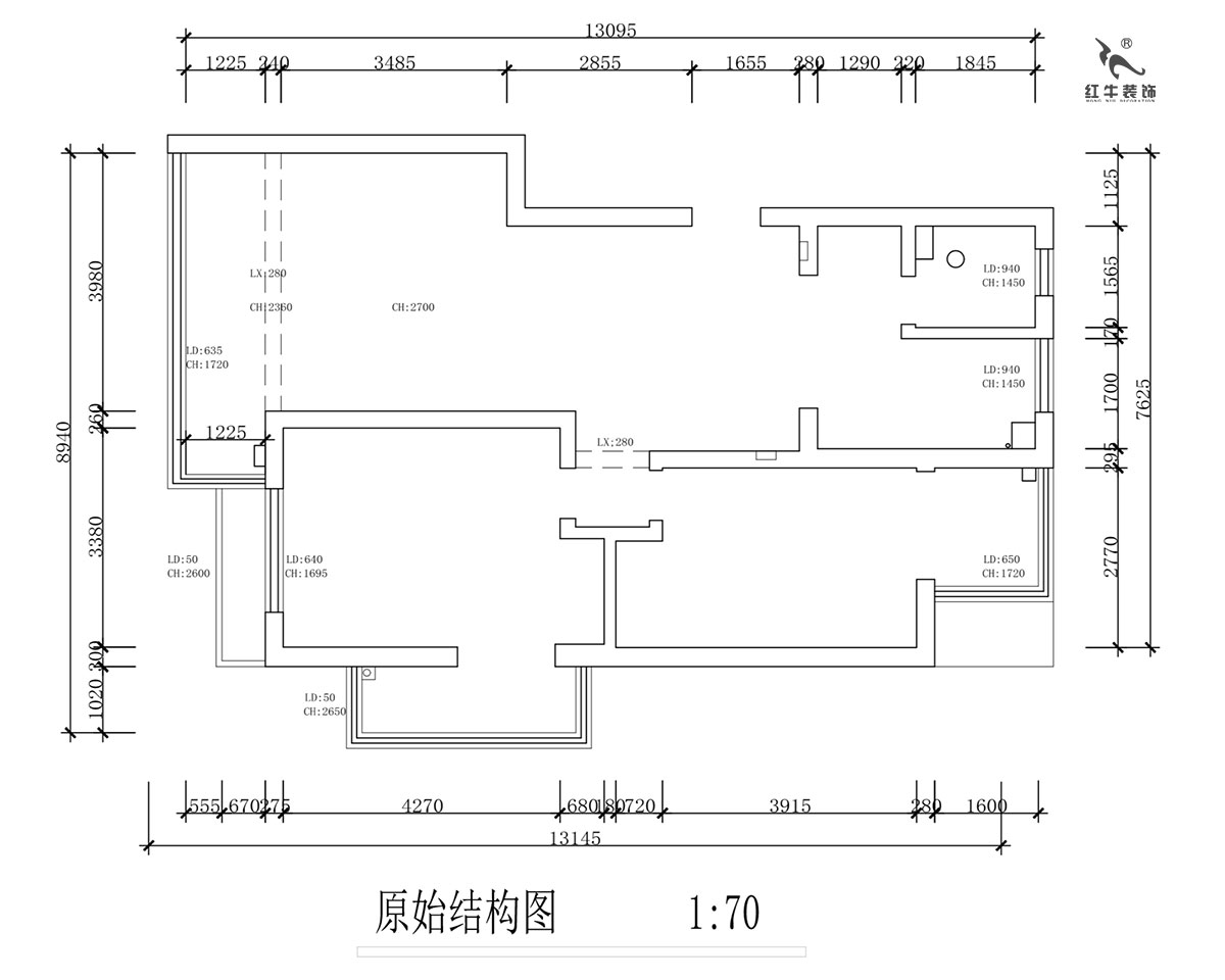 蔣琛｜紫鑫中華廣場11-601-110㎡-現(xiàn)代簡約風格｜2室2廳1衛(wèi)｜舊房裝修｜定制家￥140400｜全包15萬｜00_01原始結(jié)構圖