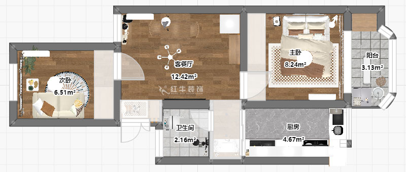 高靈慧｜南苑臺(tái)園26號(hào)9-401-60㎡-北歐風(fēng)格｜2室1廳1衛(wèi)｜老房裝修｜定制家｜全包9萬｜00_03平面彩圖