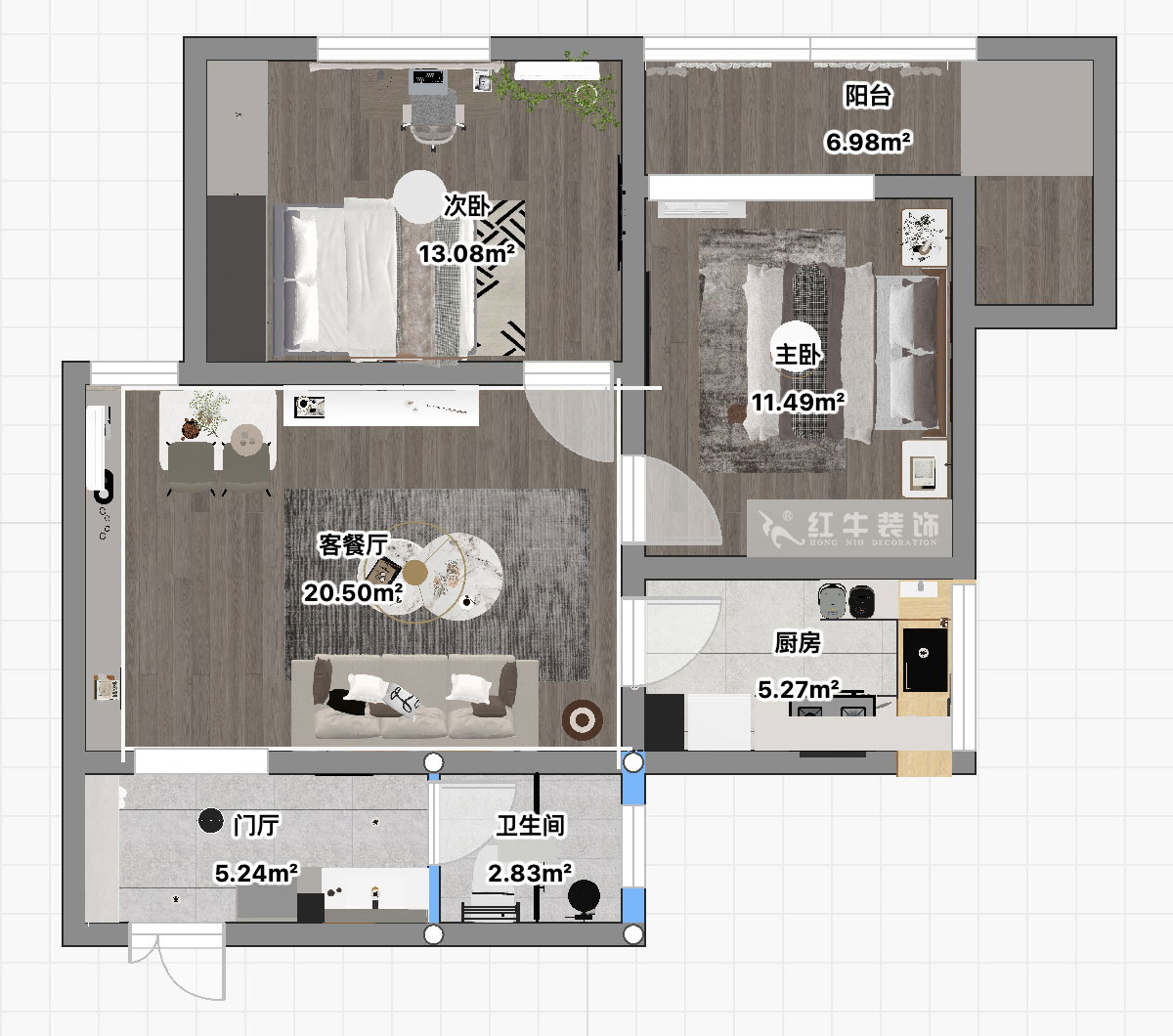朱彥｜建康花苑4-505-89㎡-現代簡約風格｜2室2廳1衛(wèi)｜老房改造｜定制家｜全包12萬｜00_03平面彩圖