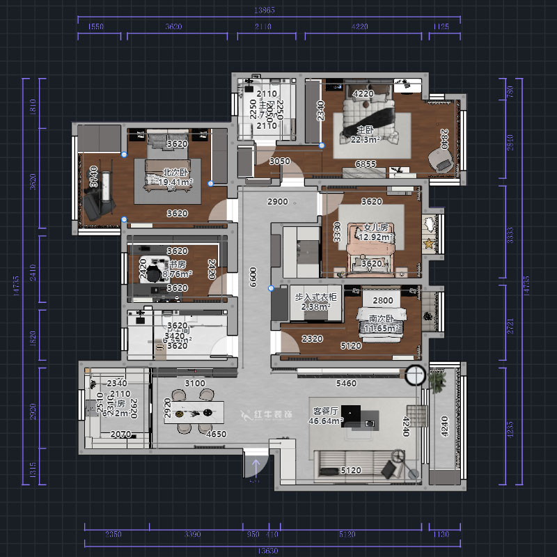 熊皓宇|翠屏東南-180㎡-現(xiàn)代風格|5室2廳2衛(wèi)|新房裝修|定制家|全包|00_01平面彩圖