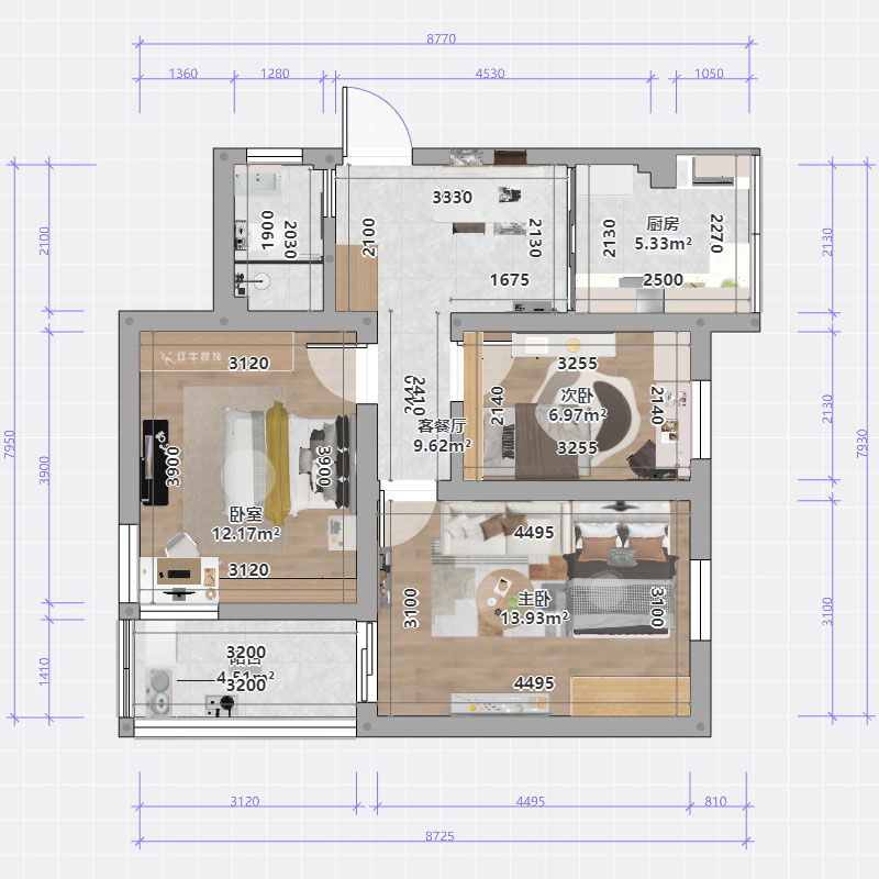 蔣?。少t街92號院9-301-68㎡-現(xiàn)代簡約風(fēng)格｜3室1廳1衛(wèi)｜老房裝修｜定制家｜全包10萬｜00_03平面彩圖