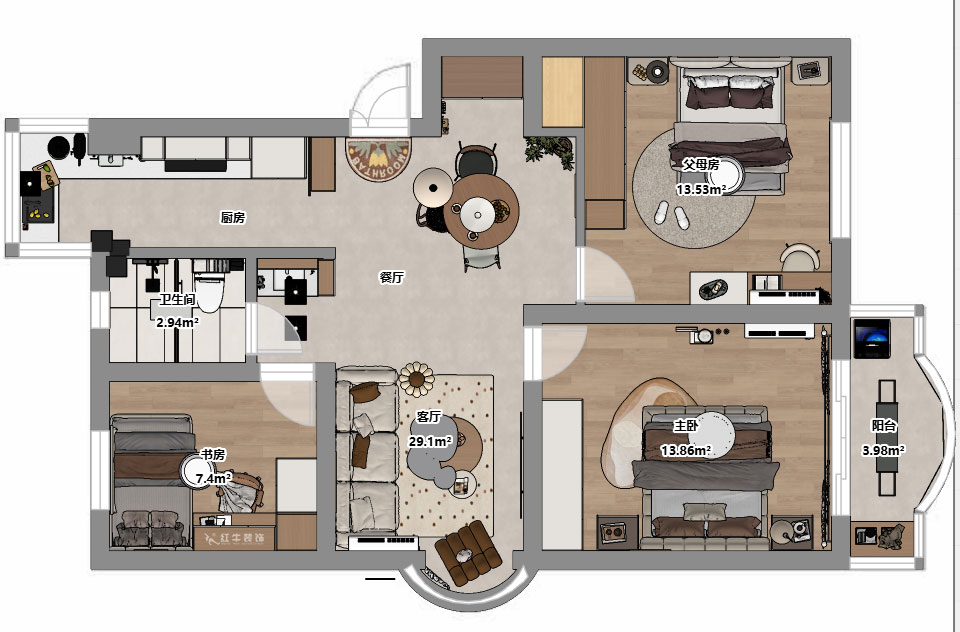 仇美蓉|裕華新村2-3-406-86㎡-簡約風格|3室2廳1衛(wèi)|老房裝修|定制家|全包10萬|00_03平面彩圖