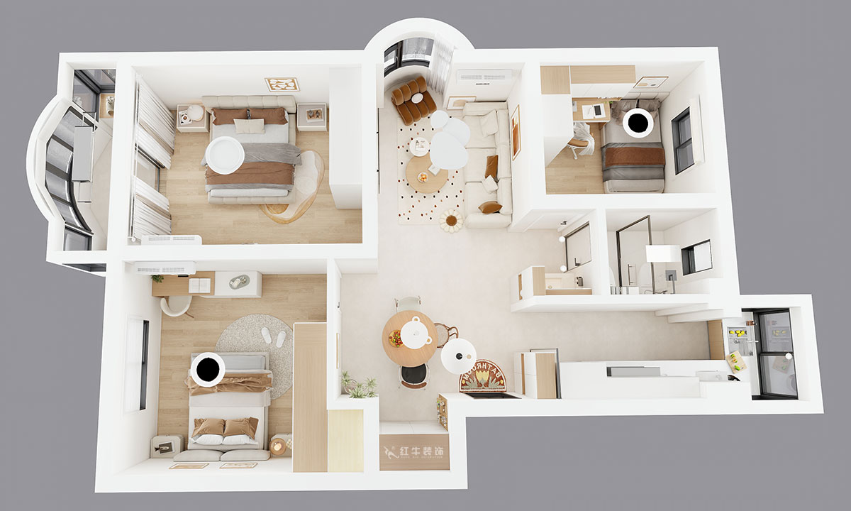 仇美蓉|裕華新村2-3-406-86㎡-簡約風格|3室2廳1衛(wèi)|老房裝修|定制家|全包10萬|00_04鳥瞰圖